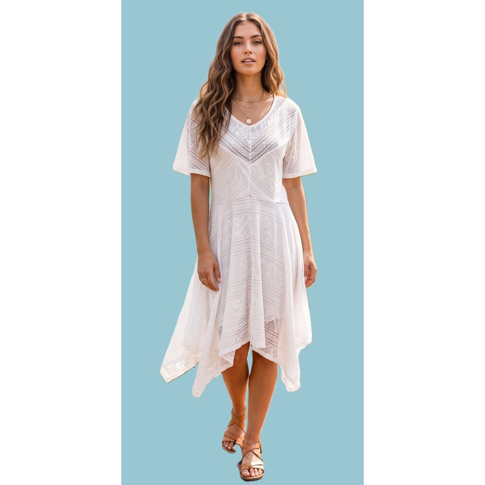 NEW Sugarfox White Lace Handkerchief Hem Dress Boho Short Sleeve Medium